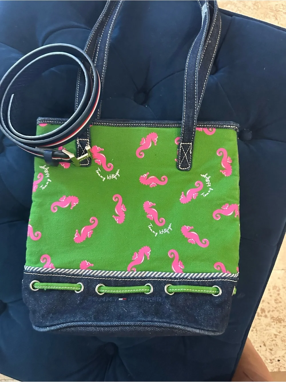 Tommy Hilfiger Green Tote Bag with Pink Seahorse Print plus Free Belt